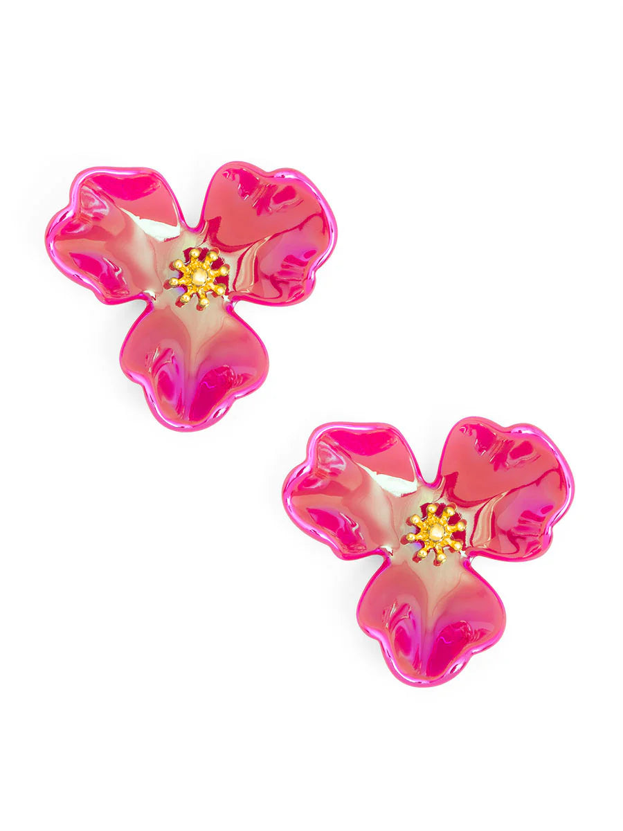 Iridescent resin 3 petal stud earring-hot pink