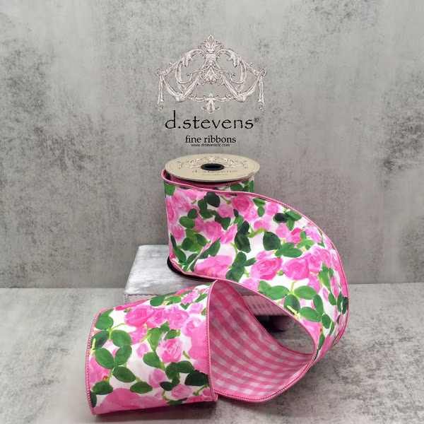 Ribbon by the Yard - Linen Lady Pink Rose Garden Ribbon 4"