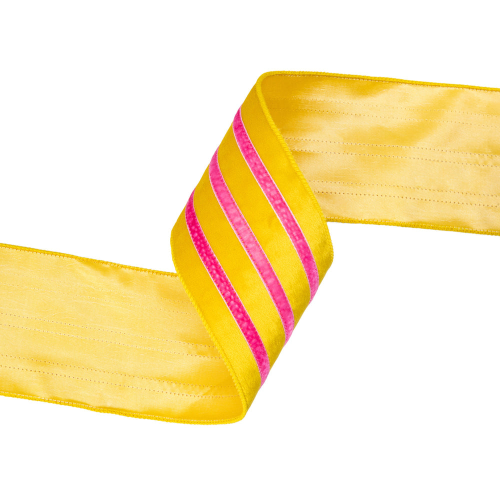 Ribbon by the Yard - Velvet Yellow/Pink Trim Wired Ribbon 4"