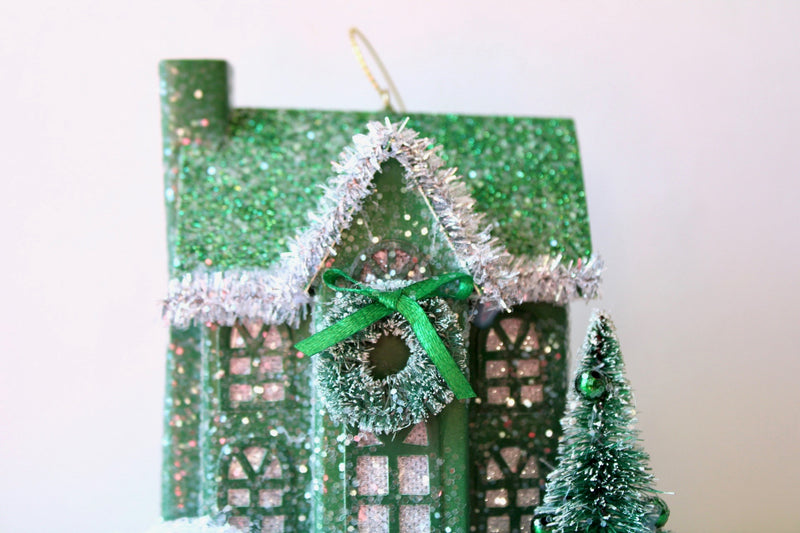 Green Lighted Paper House Ornament - Small