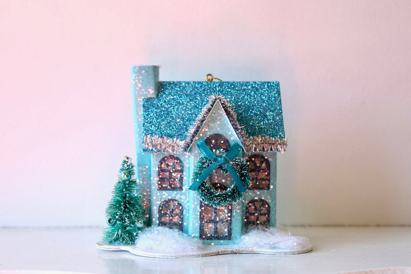 Blue Lighted Paper House Ornament  - Small