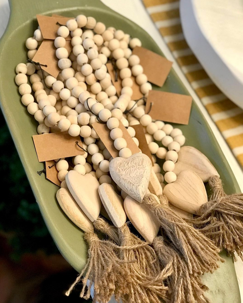 Wood Beads with Heart and Jute Tassel