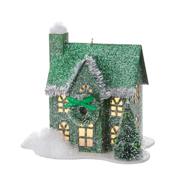 Green Lighted Paper House Ornament - Small