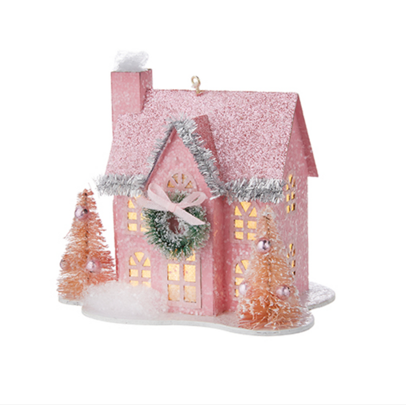 Pink Lighted Paper House Ornament - Small