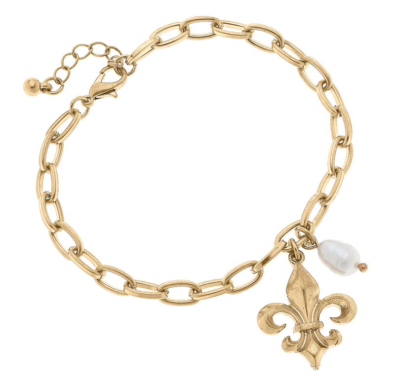 Robin Bourbon Fleur de Lis and Pearl Charm Gold Chain Bracelet