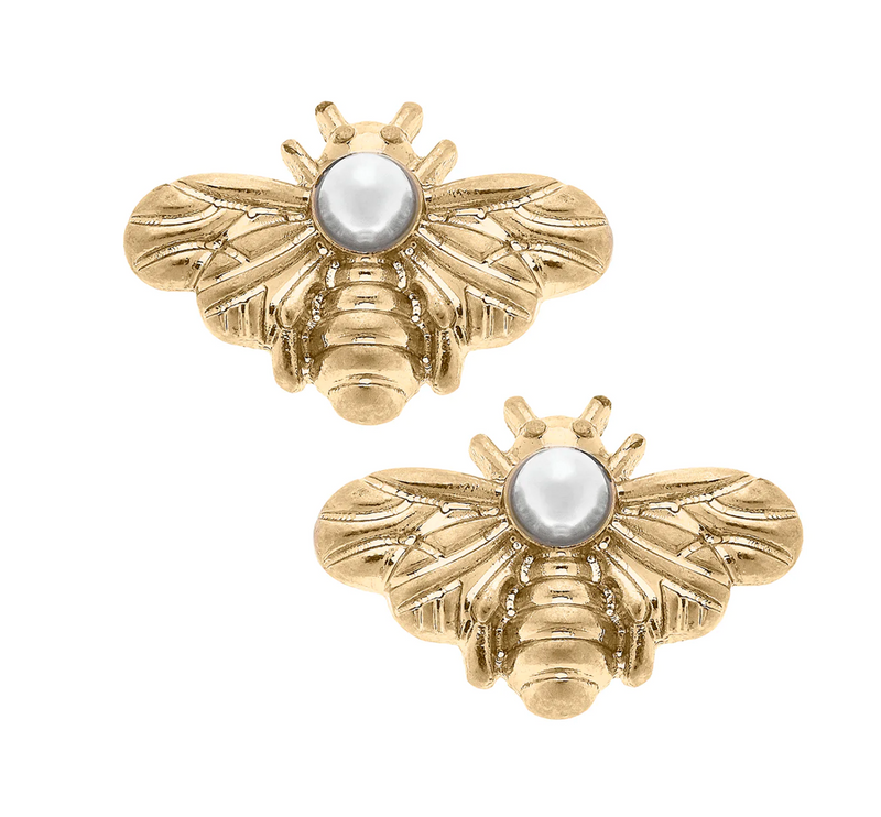 Martine Bee & Pearl Stud Earrings in Worn Gold