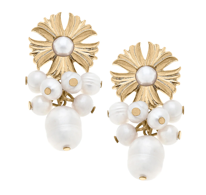 Holland Flower & Pearl Cluster Drop Earrings in Ivory