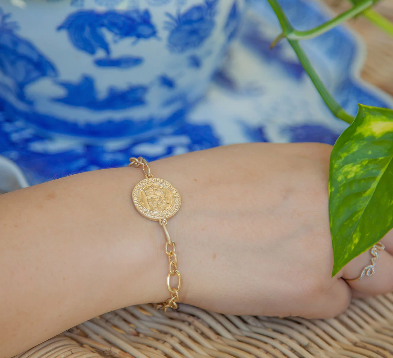 French Coin T-Bar Bracelet in Worn Gold