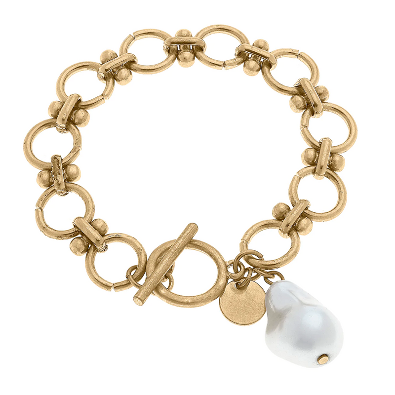 Marissa Baroque Pearl & Lux Chain Link T-Bar Bracelet in Worn Gold