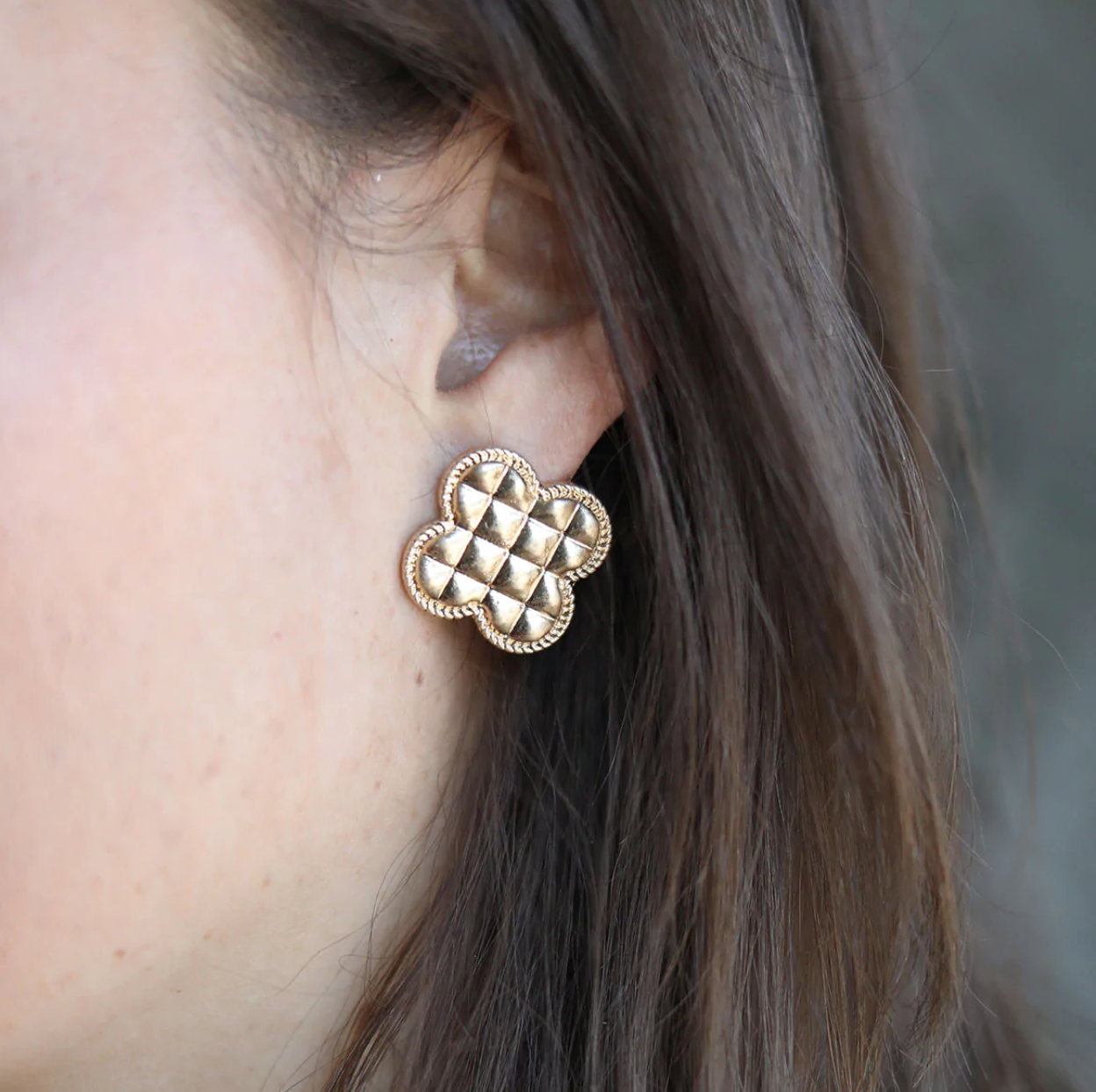Stud Earrings, Rue Quilted Metal Clover, Gold